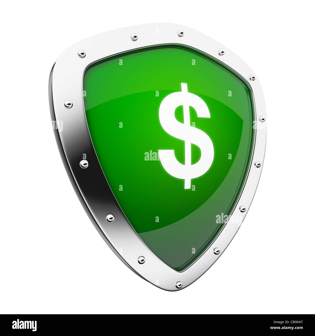 Silver shield with a money/dollar sign on green background. Stock Photo