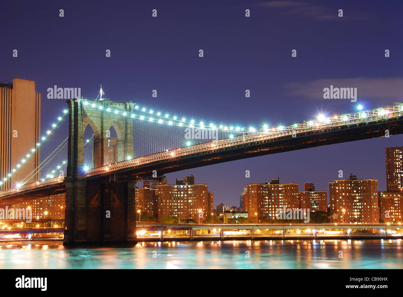 New York City Manhattan skyline and Brooklyn Bridge at dusk over Hudson ...