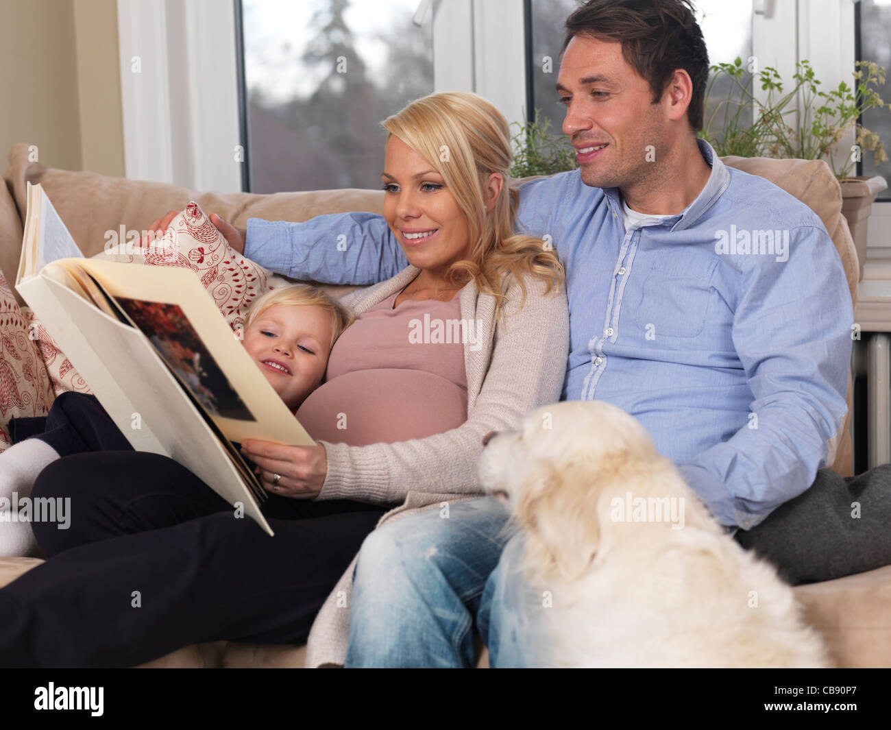 License available at MaximImages.com - Happy family and a dog enjoying their time together at home. Pregnant mother, daddy and their daughter watching Stock Photo