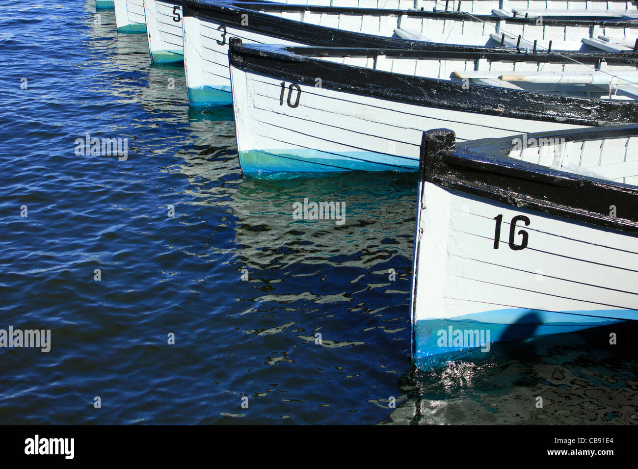 A row of numbered boats on one of the Scottish Lochs. Stock Photo