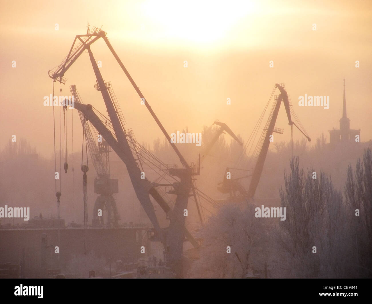 winter morning over shipbuilding plant in Nikolaev, Ukraine Stock Photo