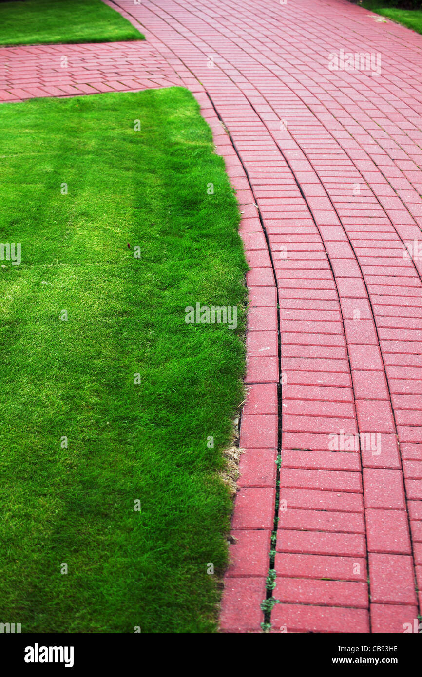Garden stone path with grass growing up between and around stones