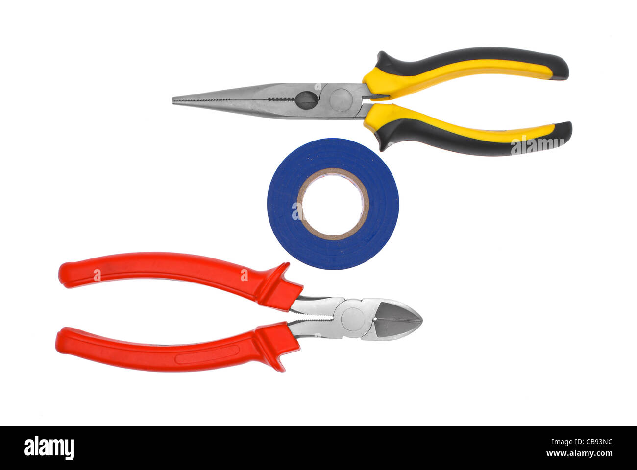 Electric tool: flat-nose pliers, an insulator a tape. Stock Photo