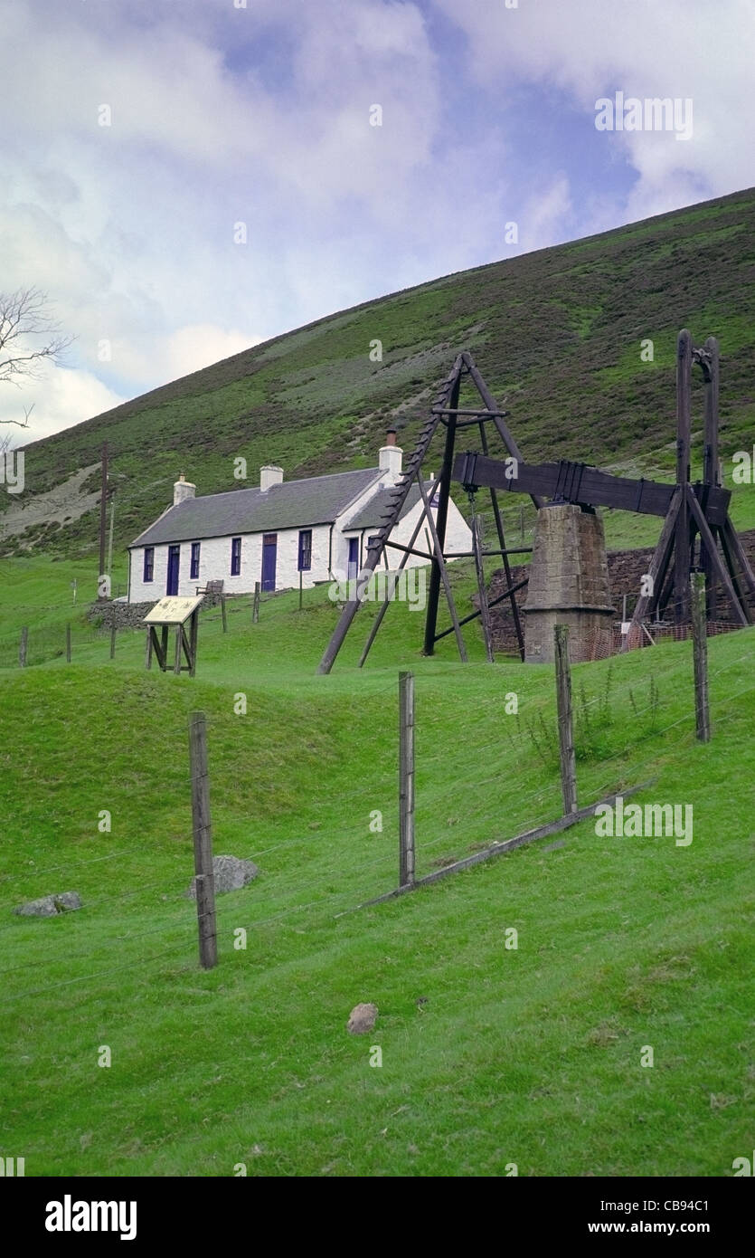 Former Miners Cottages and Beam Engine at Wanlockhead Village, Dumfries and Galloway, Scotland, UK Stock Photo