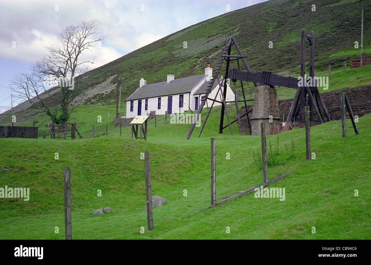 Former Miners Cottages and Beam Engine at Wanlockhead Village, Dumfries and Galloway, Scotland, UK Stock Photo