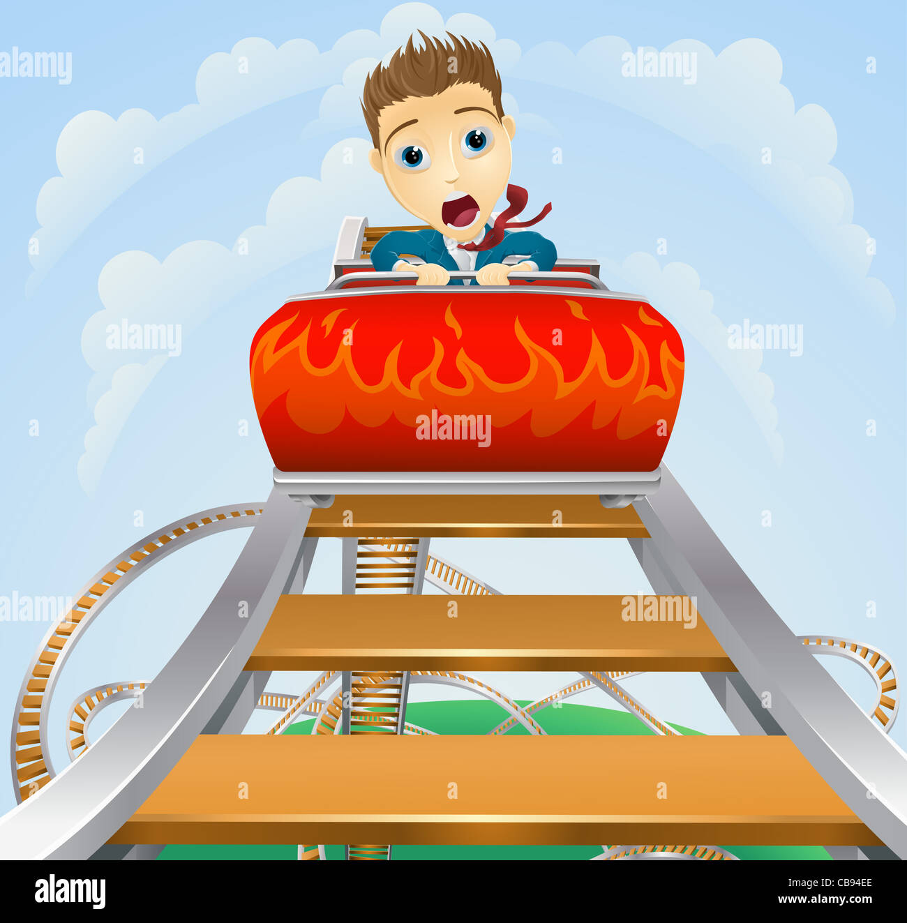 Illustration of a business man looking very scared on a roller coaster Stock Photo