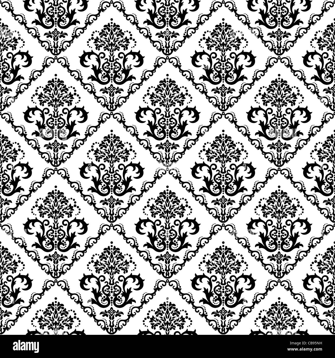 Seamless black and white floral wallpaper in diamond shaped frames Stock Photo
