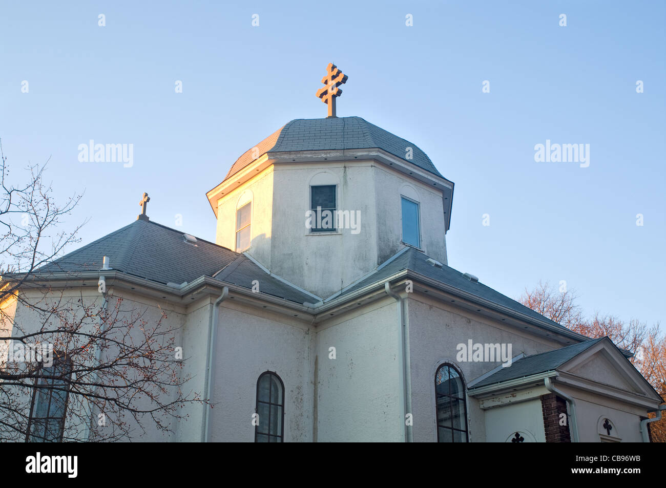 Romanian Orthodox Church dome and cross in South Saint Paul Minnesota Stock Photo