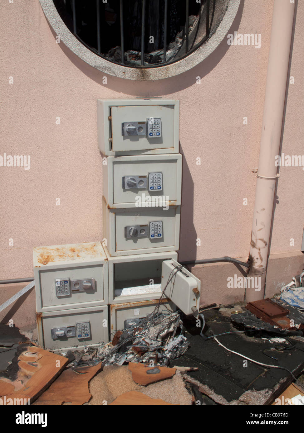 Group of safe boxes opened and abandoned following a fire in a hotel