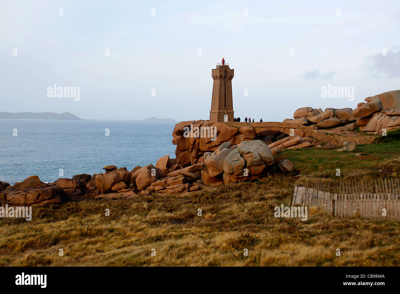 Perros Guirec coast pink granite over ploumanac'h, ploumanac'h lighthouse Stock Photo