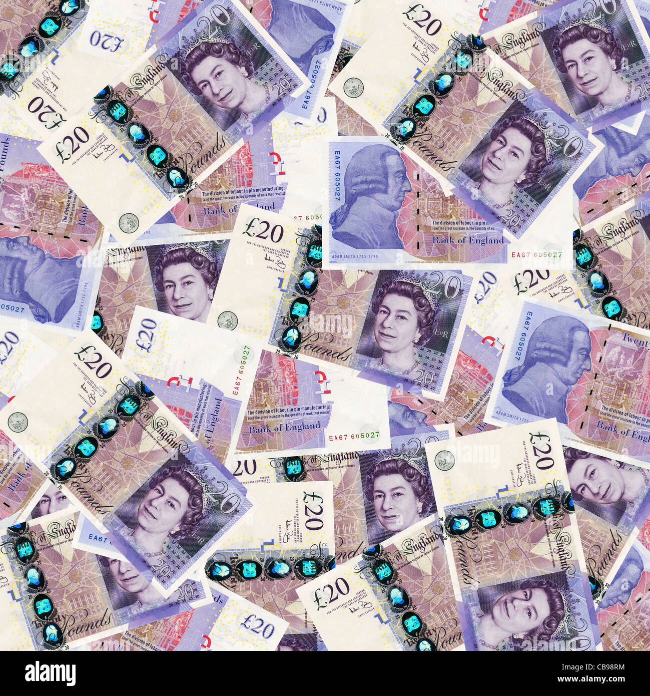 British twenty 20 pound notes sterling overhead view - 2011 design Stock Photo