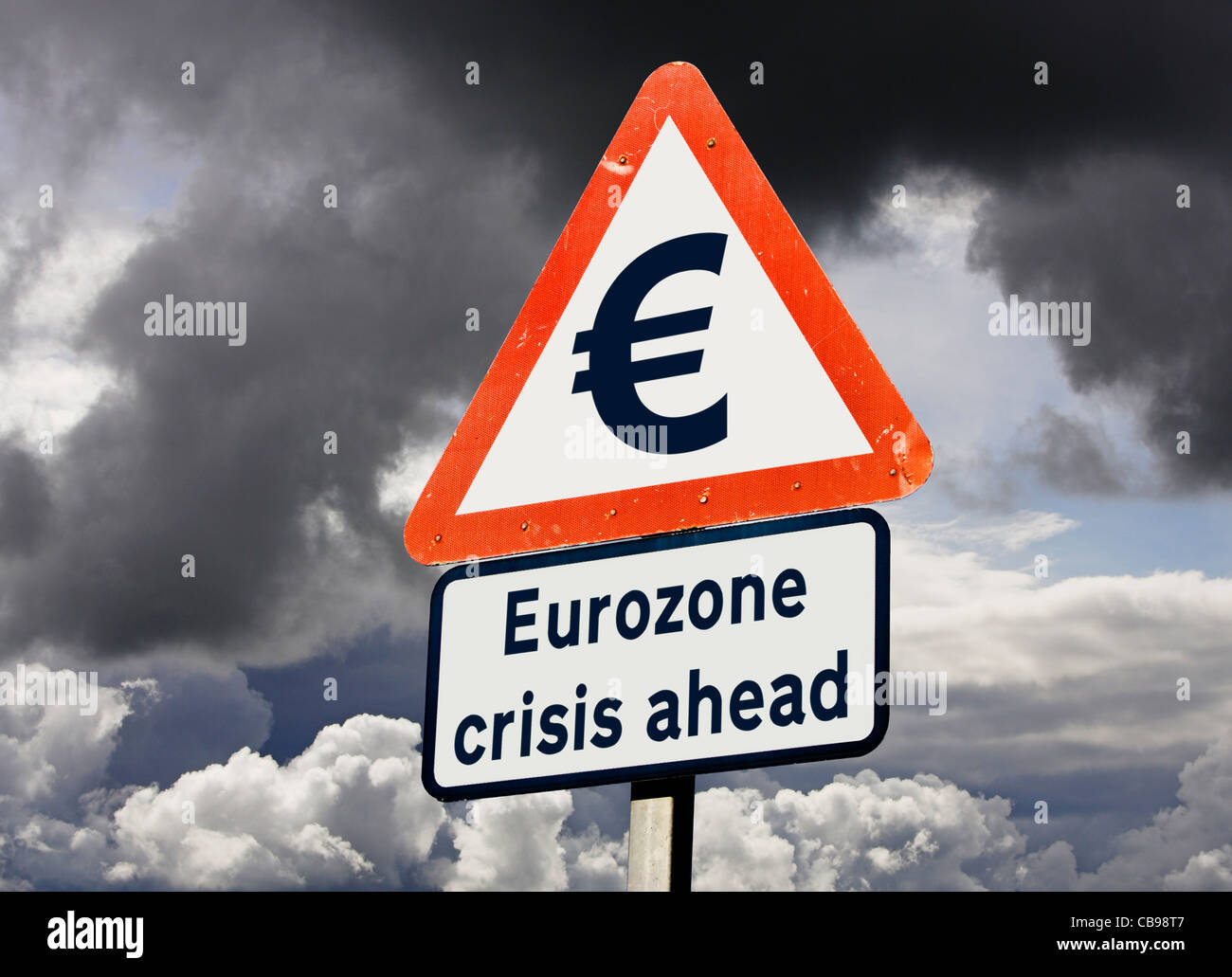 Eurozone EU European Union debt or political crisis break up threat concept warning sign against a stormy sky Stock Photo