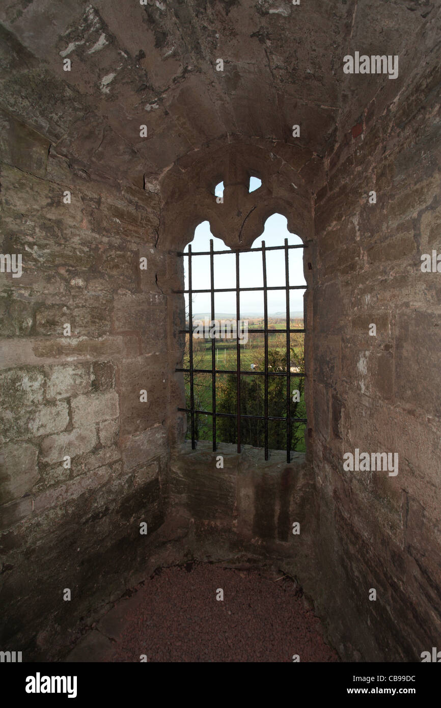 View from interior of Ludlow Castle, Shropshire UK showing window space and bars Stock Photo