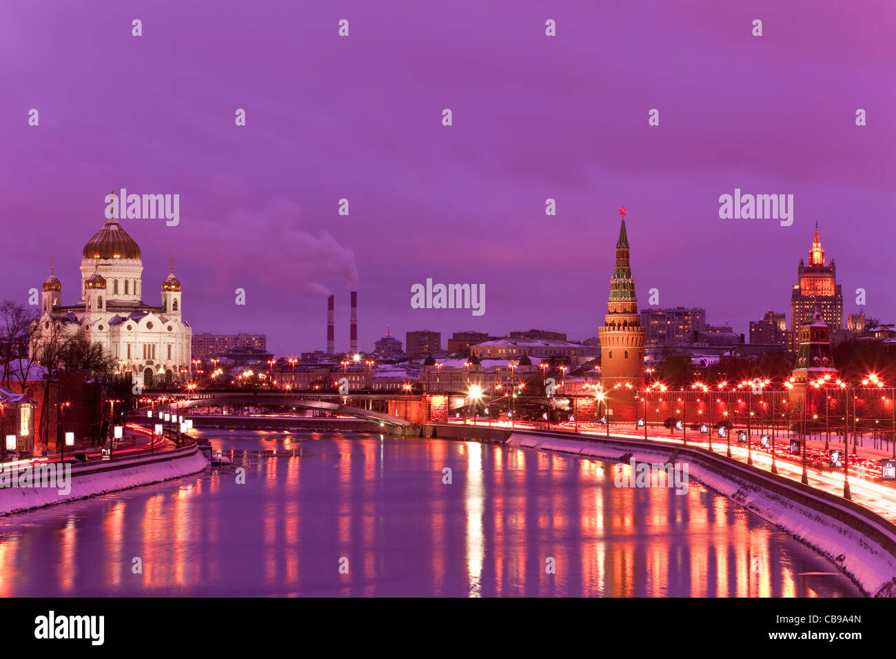 Kremlin and Cathedral of Christ the Saviour, Moscow, Russian Federation at dusk Stock Photo