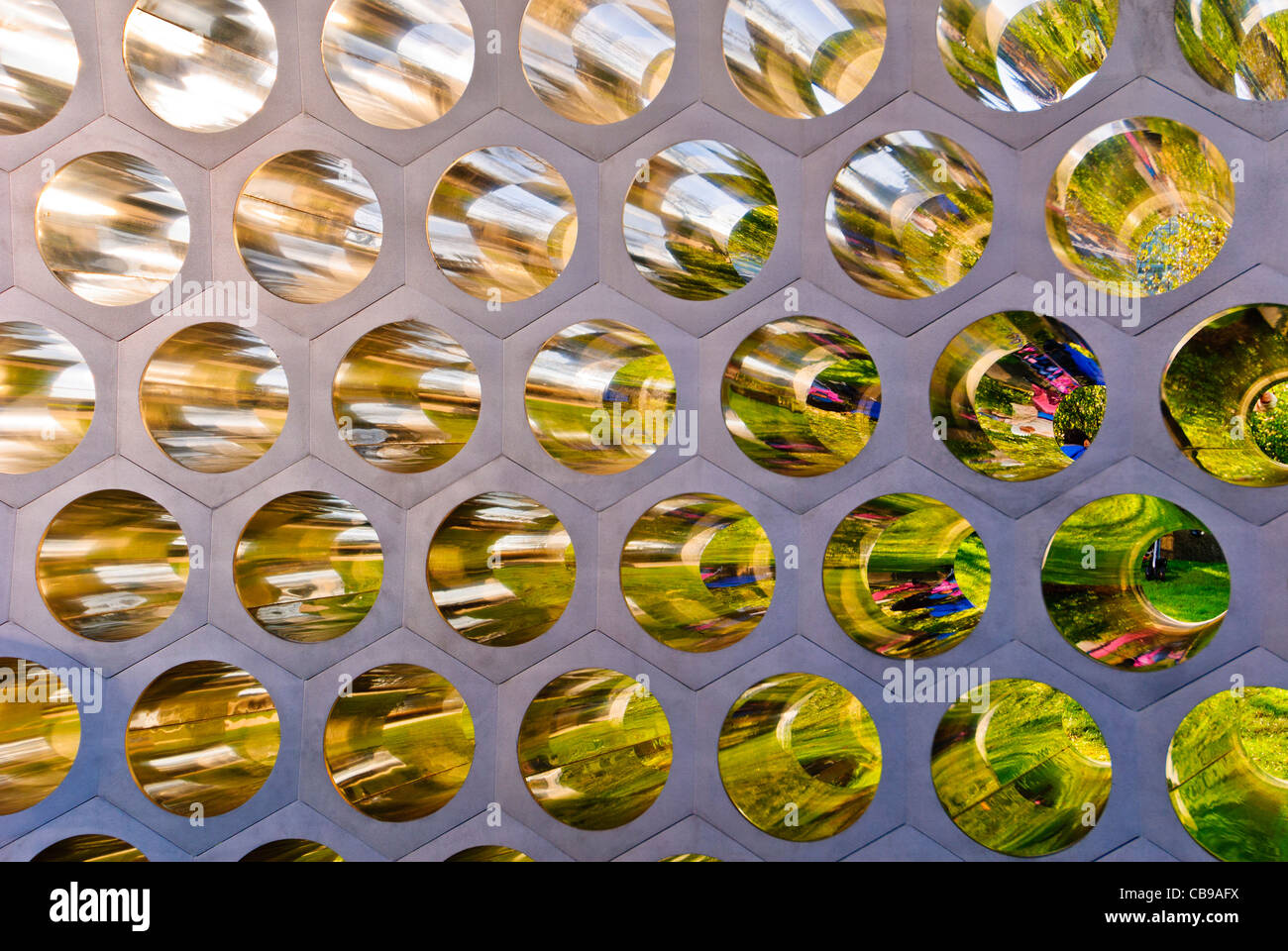 Metal tubes of an Aeolian Harp by Luke Jerram on display at Salford Quays, Manchester, England, UK Stock Photo