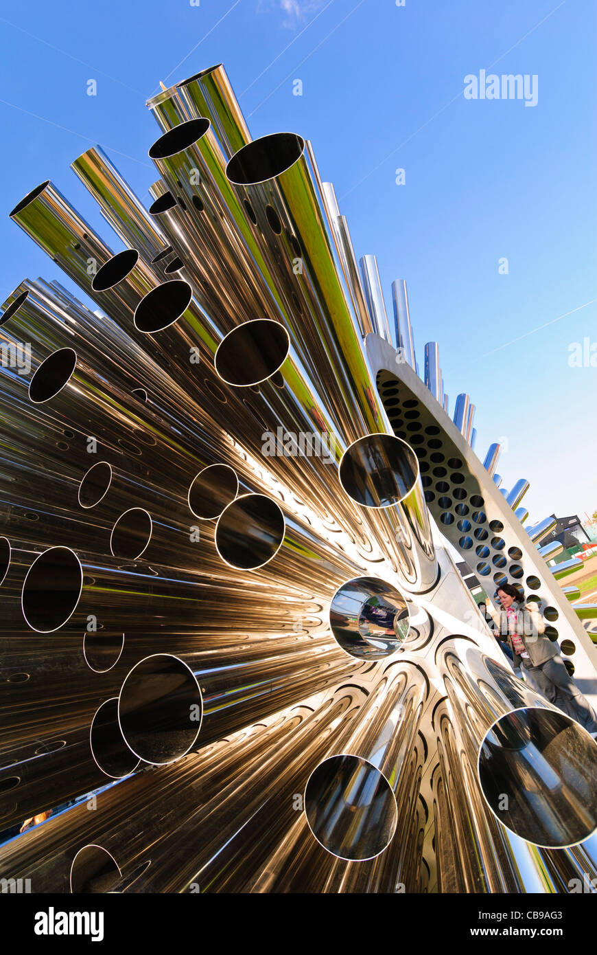 Metal tubes of an Aeolian Harp by Luke Jerram on display at Salford Quays, Manchester, England, UK Stock Photo