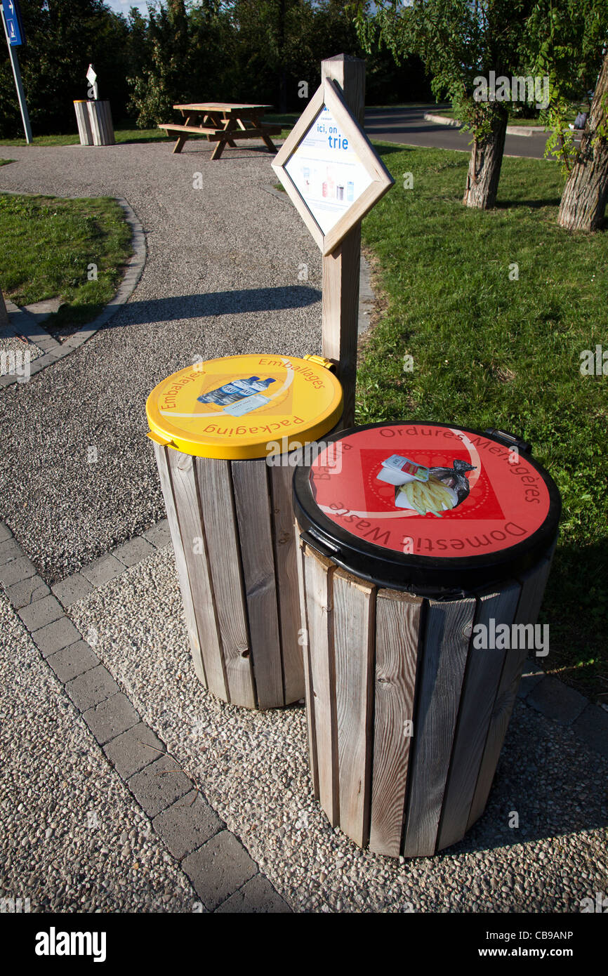 Colour coded waste bins for bottles and cans or food waste rest stop on