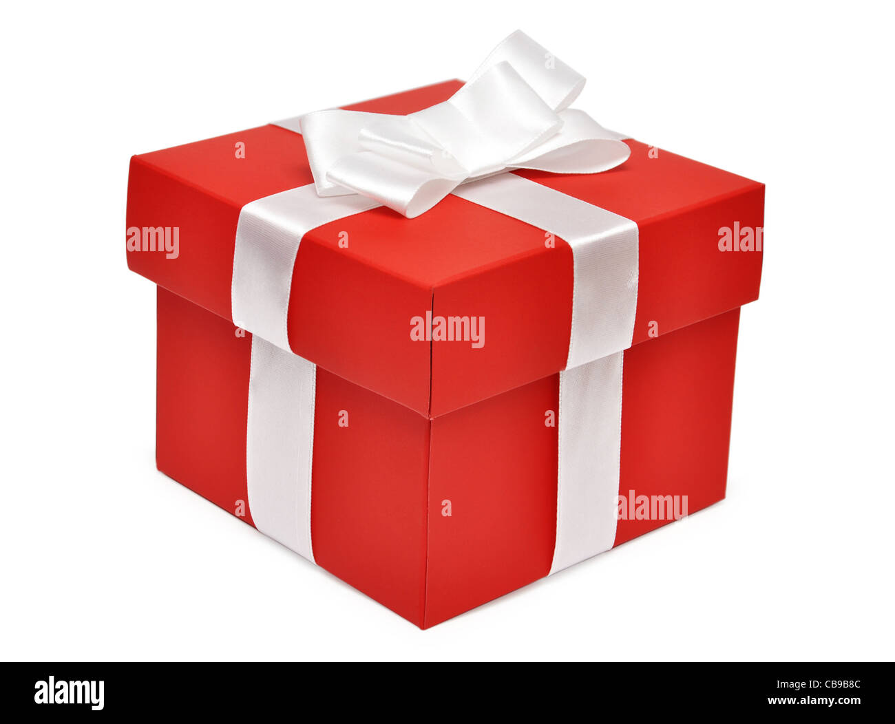 Red gift box with white ribbon over white background Stock Photo - Alamy
