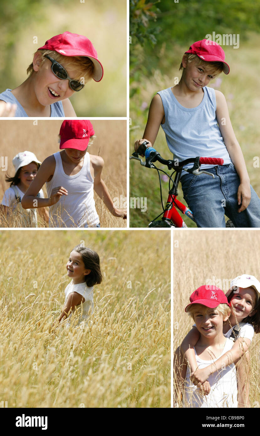 two children playing in a wheat field Stock Photo - Alamy