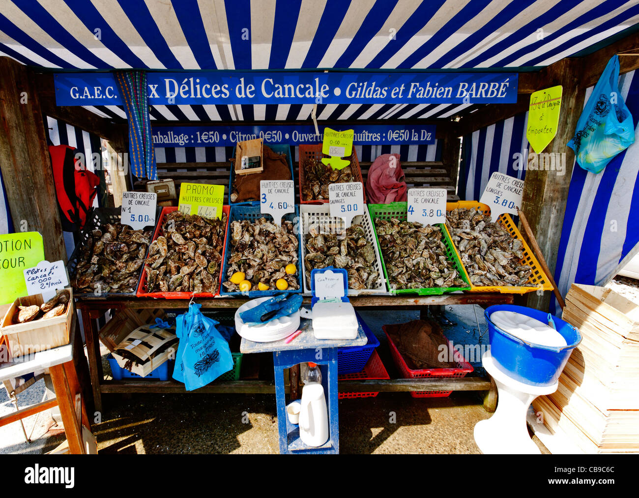 Oyster stall, Cancale, Brittany, France, Europe Stock Photo