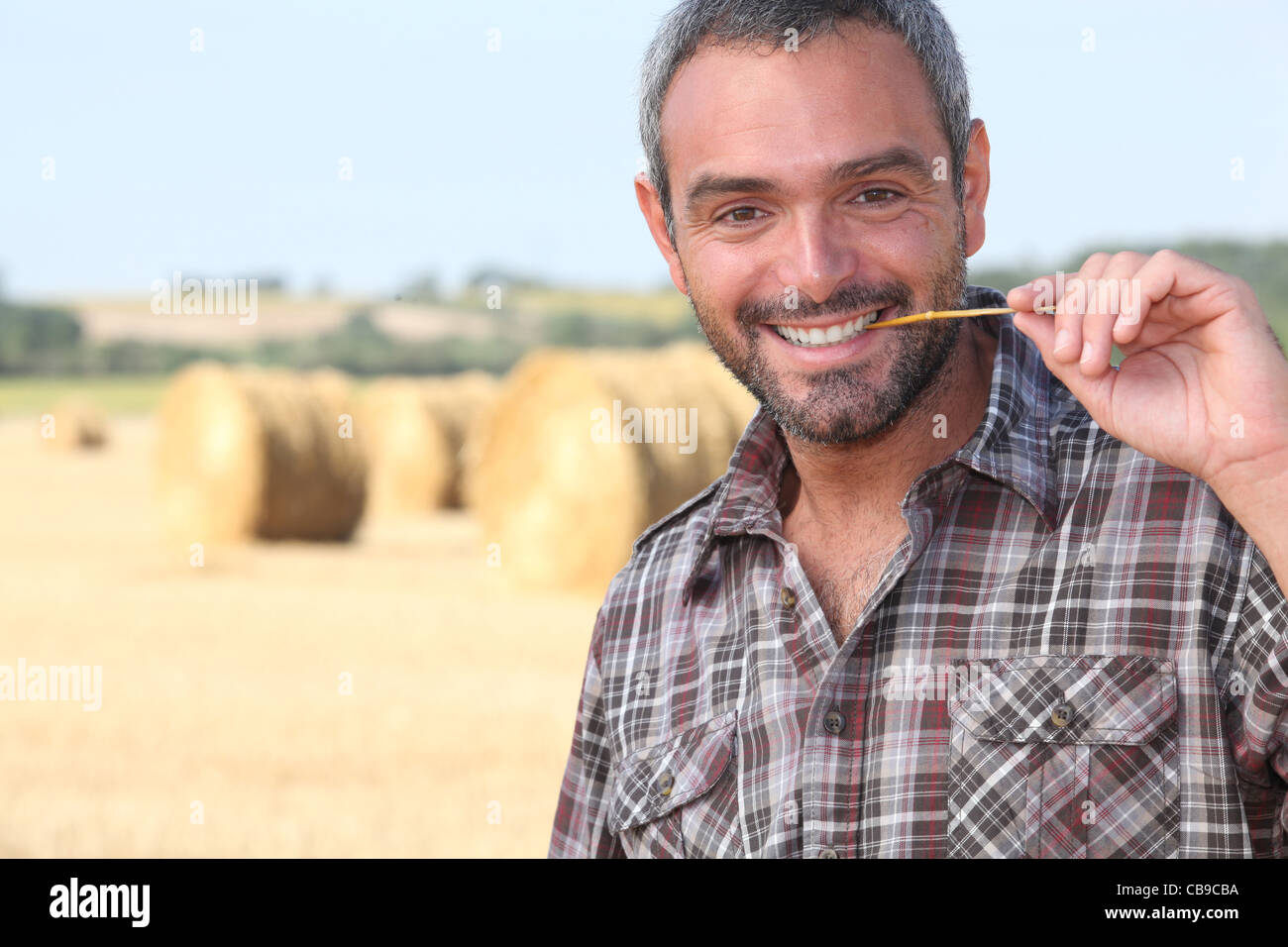 Farmer chewing a straw in a field Stock Photo Alamy