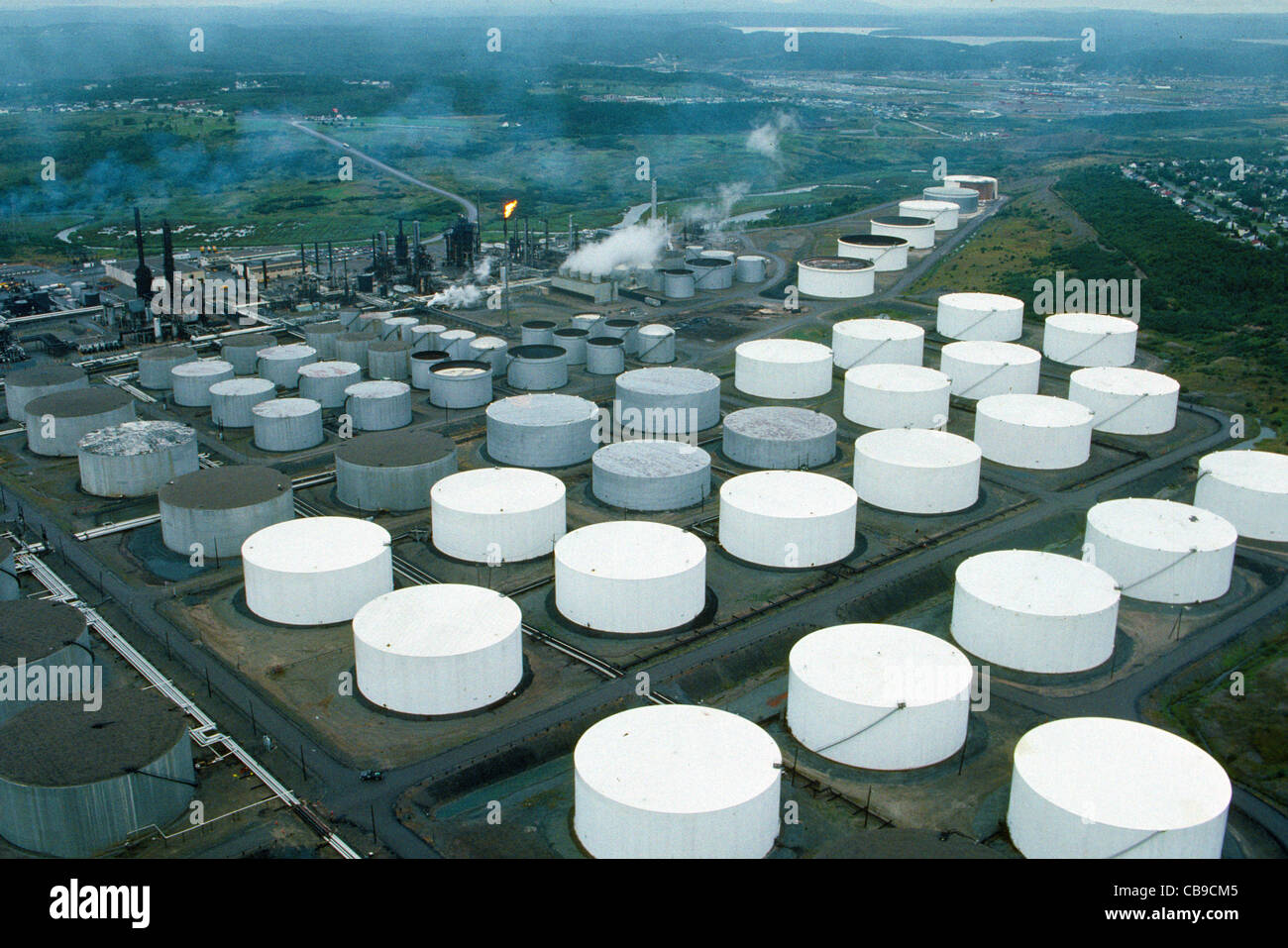 An aerial view shows this petroleum tank farm for storing petrochemical