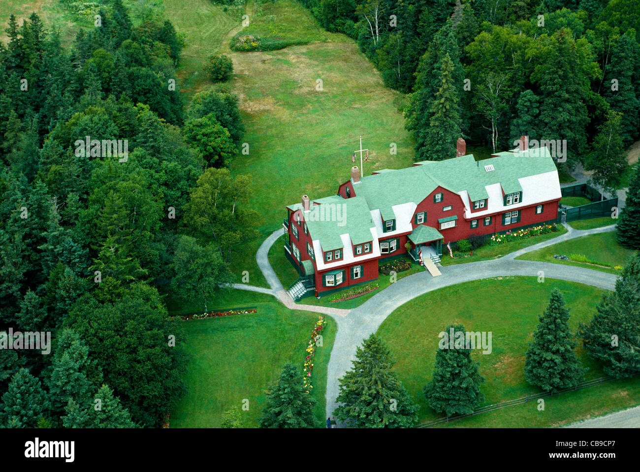 An aerial photo of the historic childhood and summer home of U.S. President Franklin D. Roosevelt on Campobello Island in New Brunswick, Canada. Stock Photo