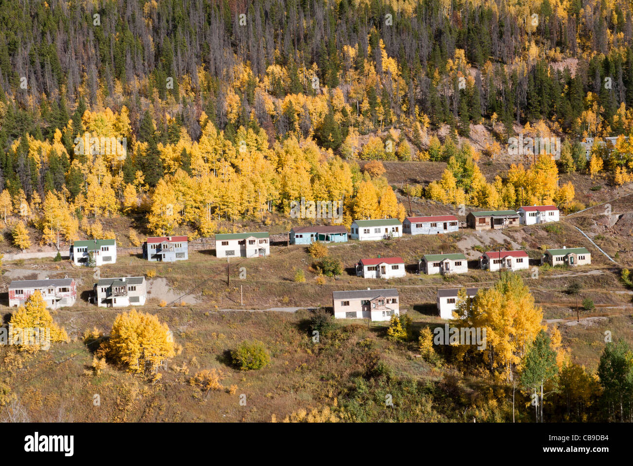 Simple houses on a hillside serve as lodging in a mining town in Rocky Mountains of Colorado Stock Photo