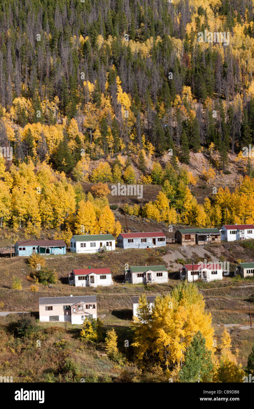 Simple houses on a hillside serve as lodging in a mining town in Rocky Mountains of Colorado Stock Photo