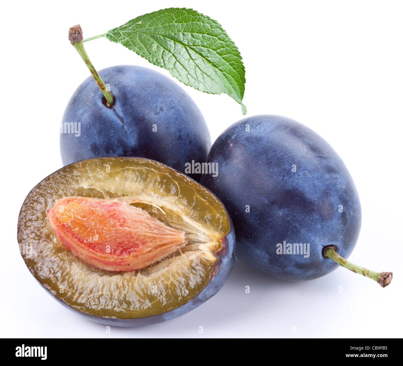 Group of plums with leaf isolated on a white background. Stock Photo