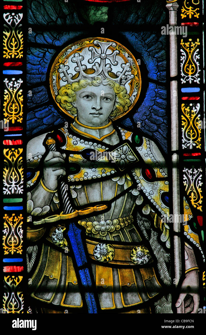 Stained glass window by the Kempe Studios depicting The Archangel Michael Stock Photo