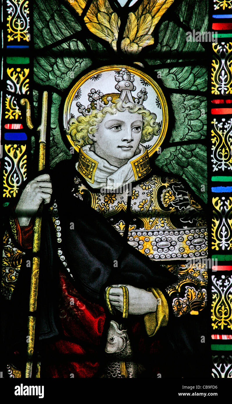 Stained glass window by the Kempe Studios depicting The Archangel Raphael; St Etheldreda's Church, West, Quantoxhead, Somerset, England Stock Photo