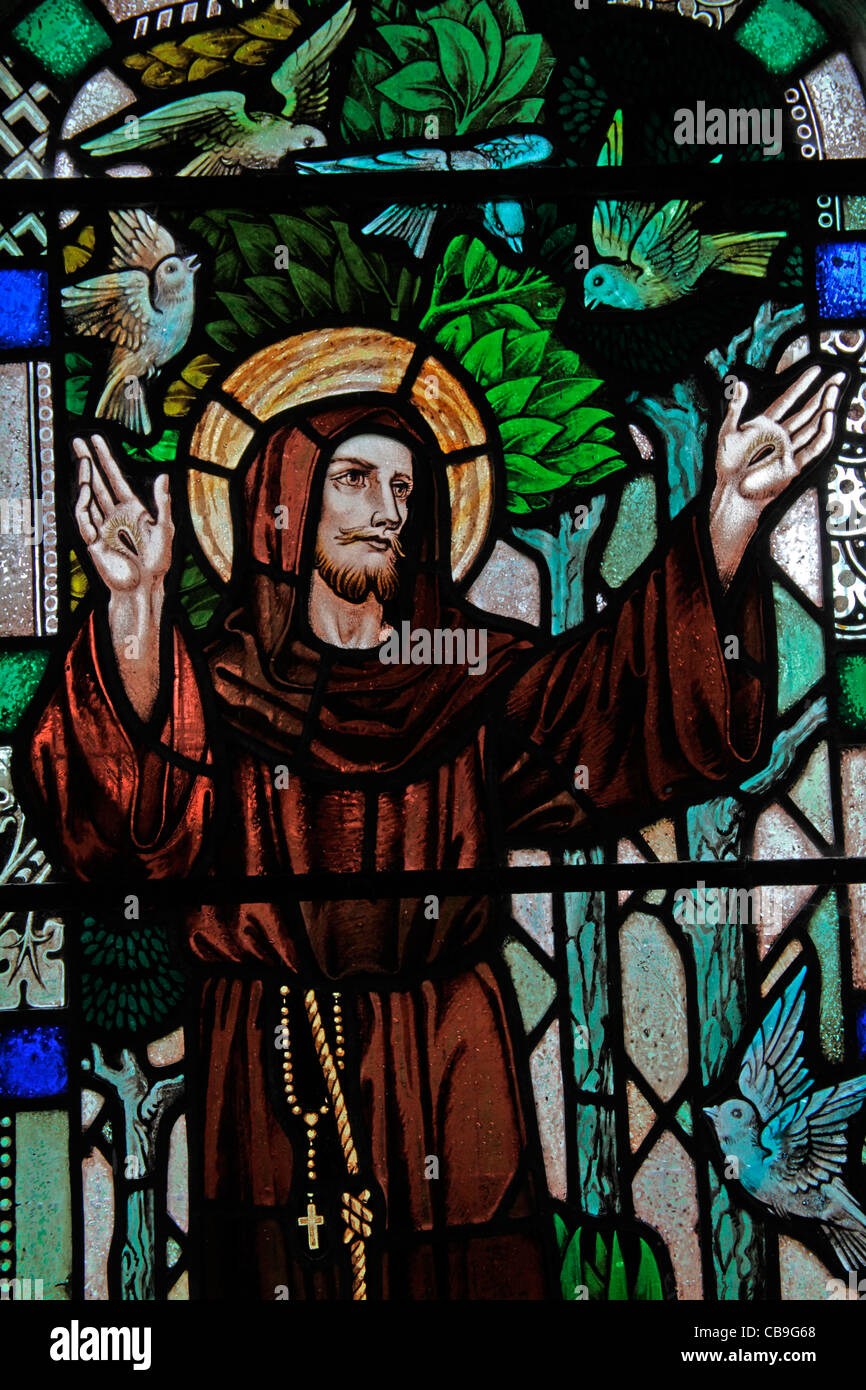 A stained glass window by George Cooper Abbs depicting St Francis of Assisi, Temple Church, Temple, Bodmin Moor, Cornwall Stock Photo