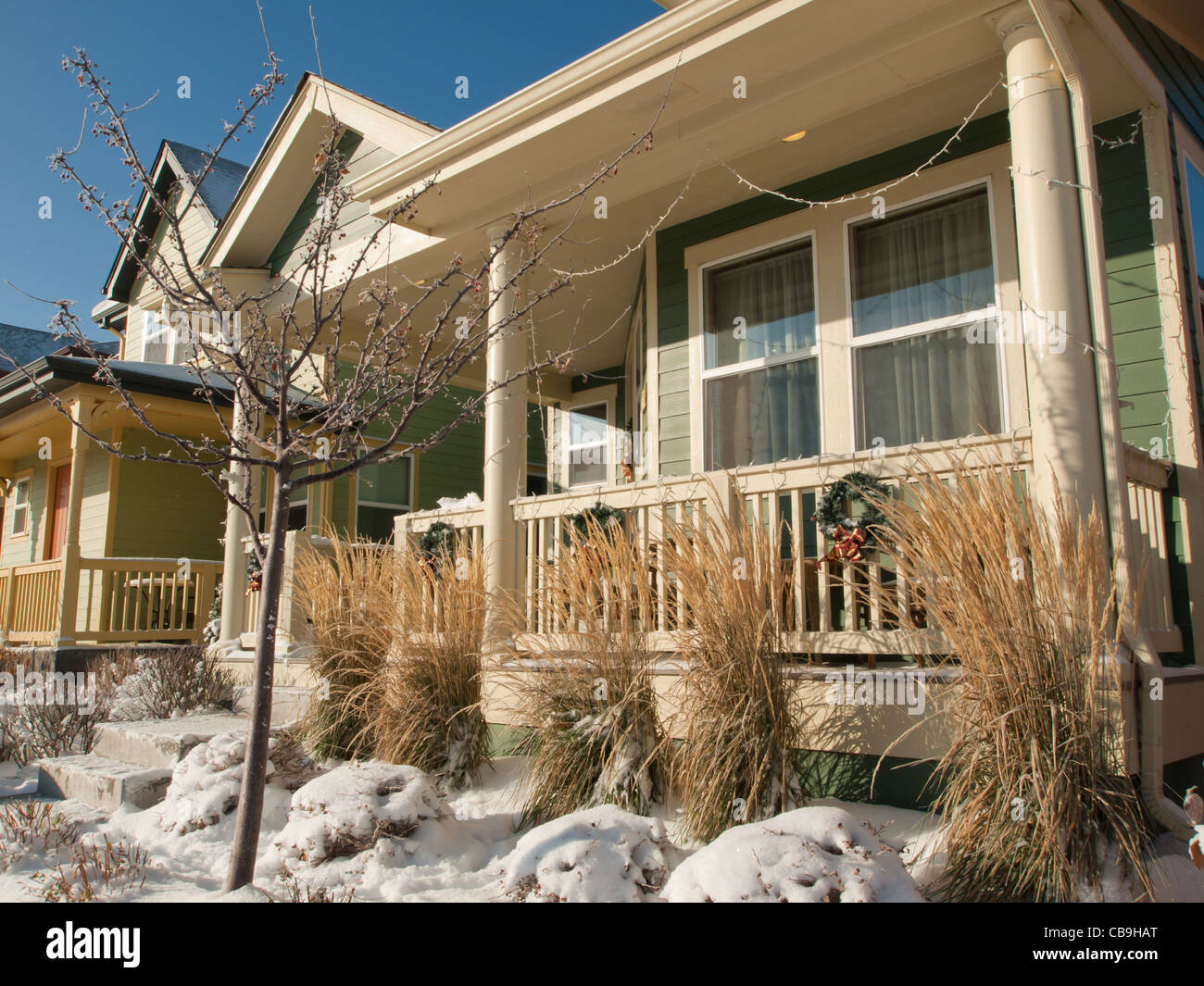 House decorated for winter holidays. Stock Photo