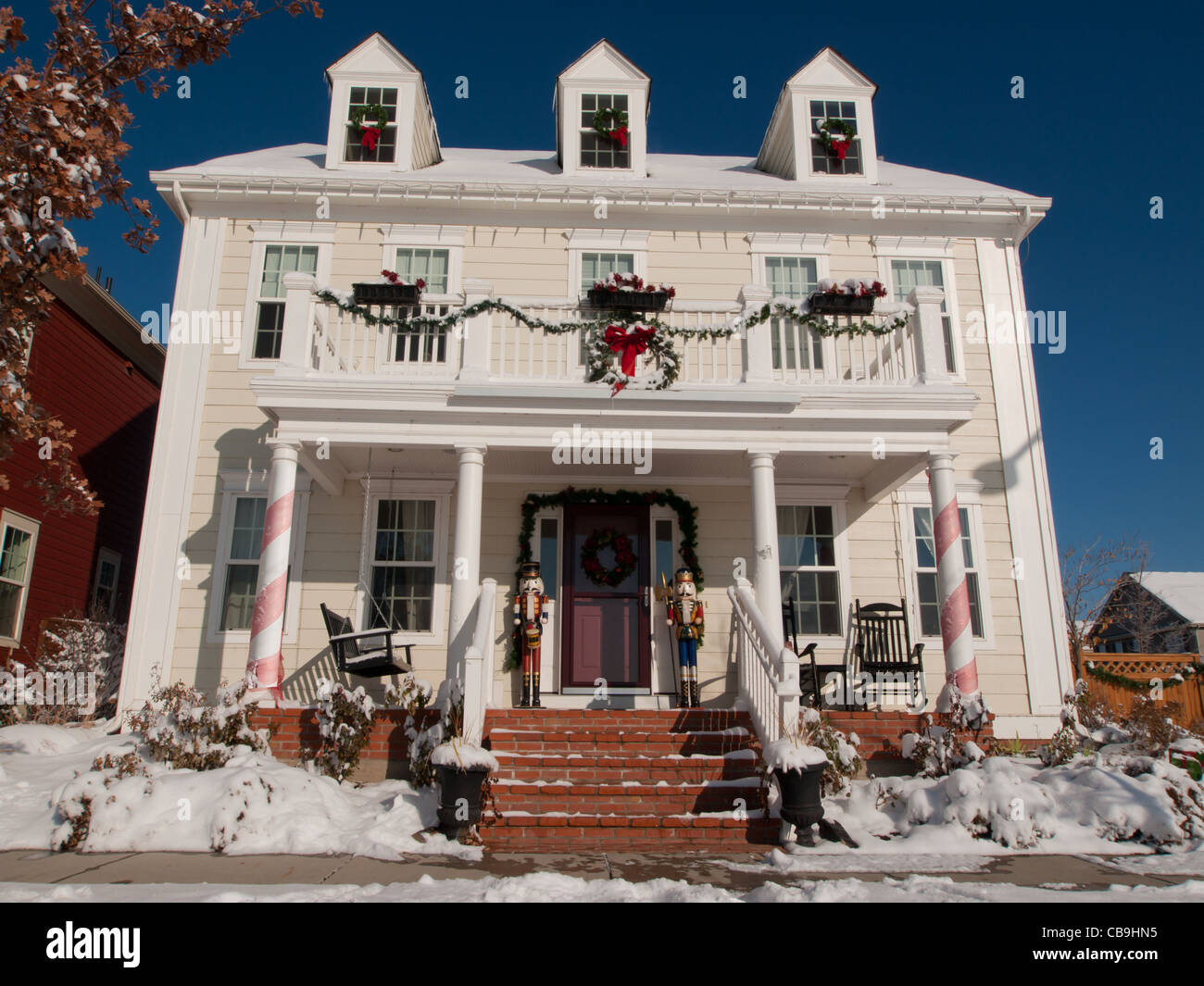 House decorated for winter holidays. Stock Photo
