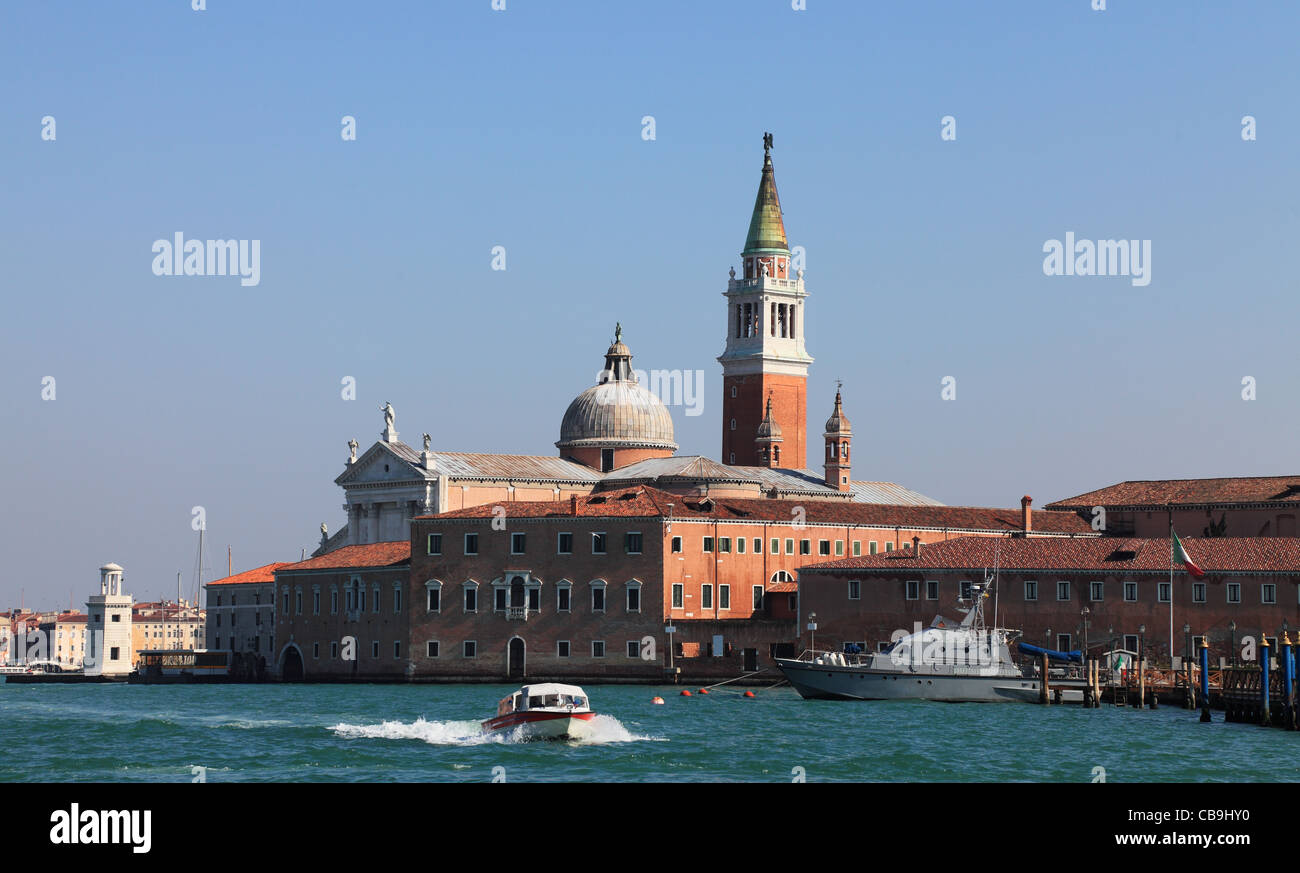 Builidings from San Giogio Maggiore island in Venice Italy, as they can be seen from 'Tronchetto-Lido di Venezia' waterway. Stock Photo