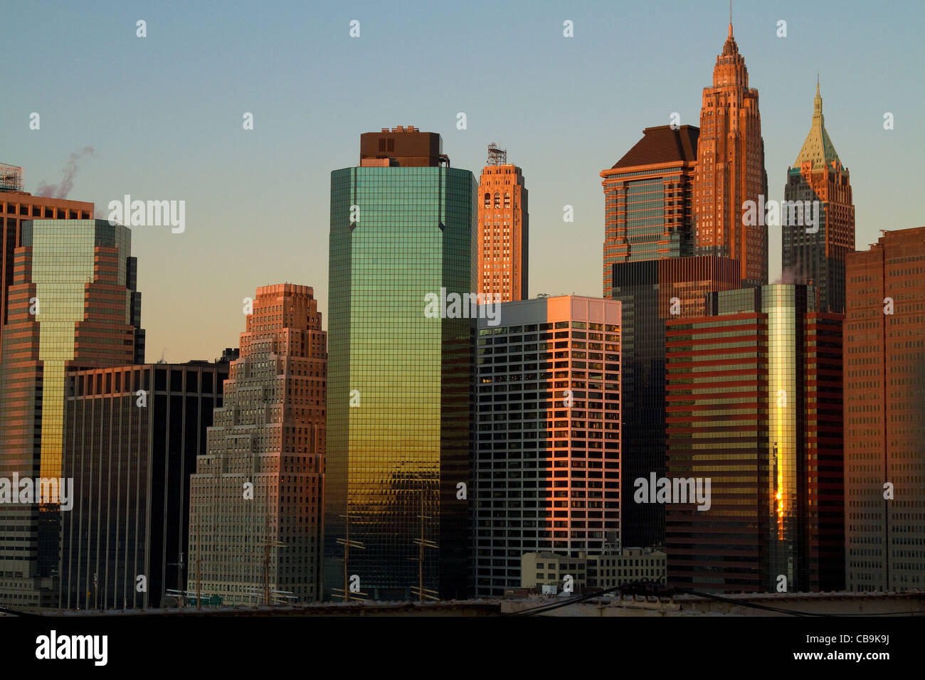 New York City, Manhattan, skyline during the beautiful colors of early morning sunrise, dawn. Stock Photo