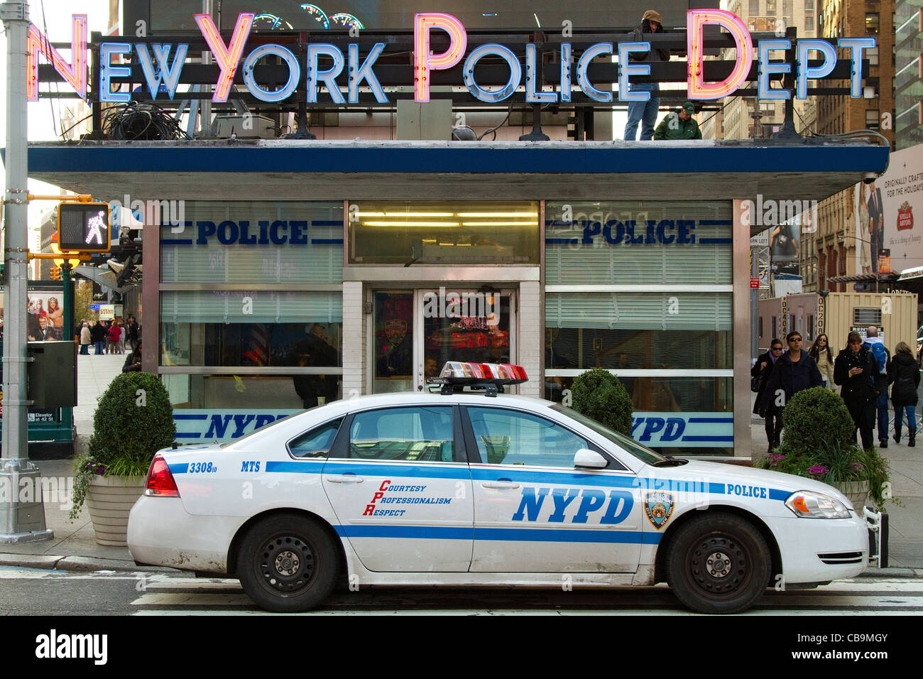 New York police car at small NYPD Times Square station. Stock Photo