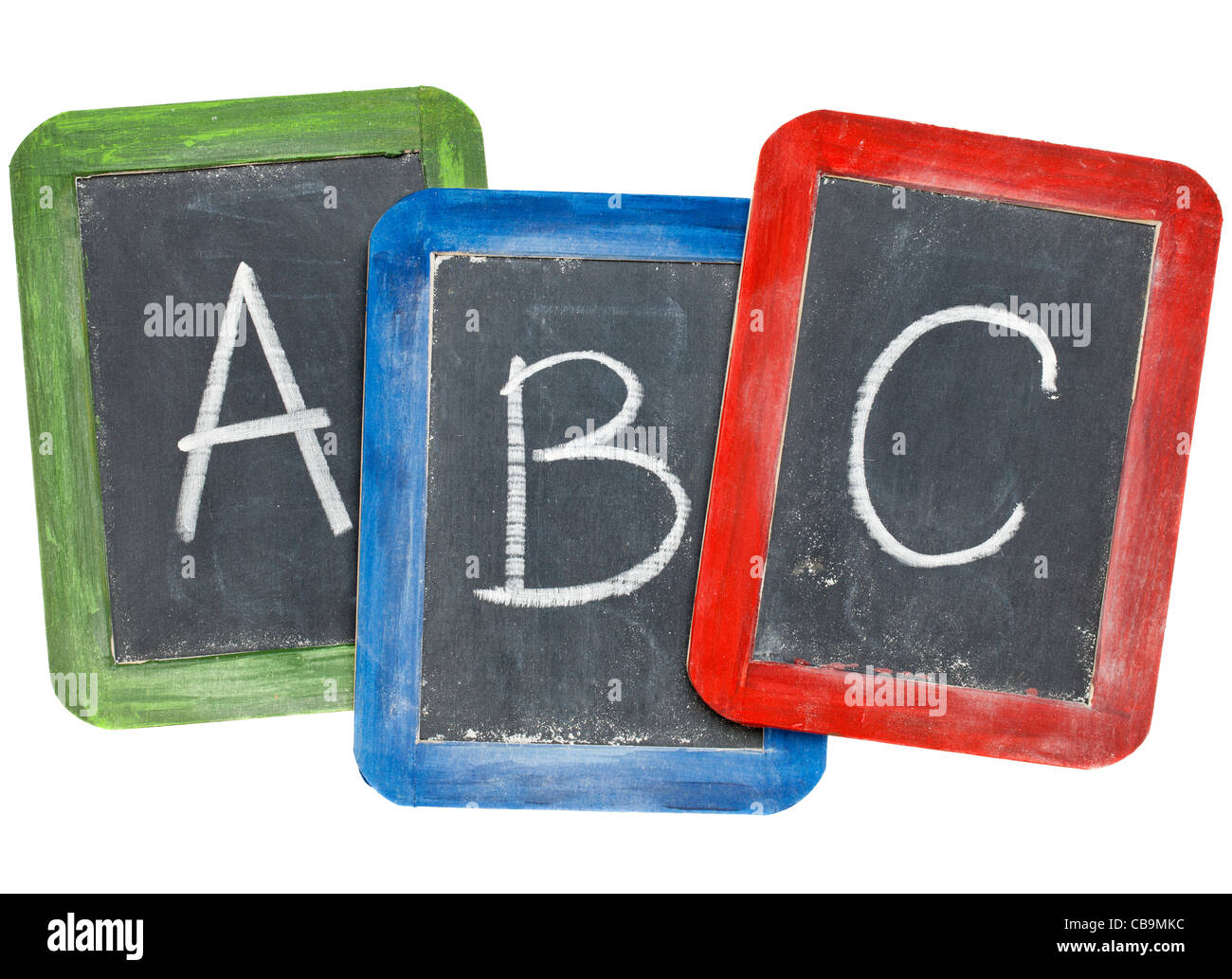 first letters of alphabet (A, B, C) in white chalk handwriting on three small slate blackboards Stock Photo