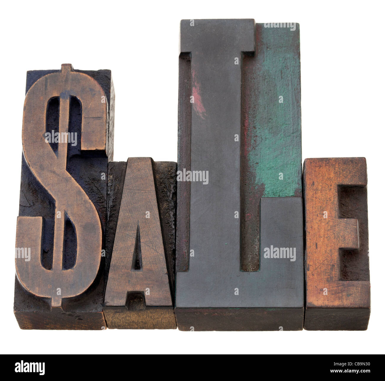 sale - isolated world with a dollar sign in vintage wood letterpress printing blocks Stock Photo