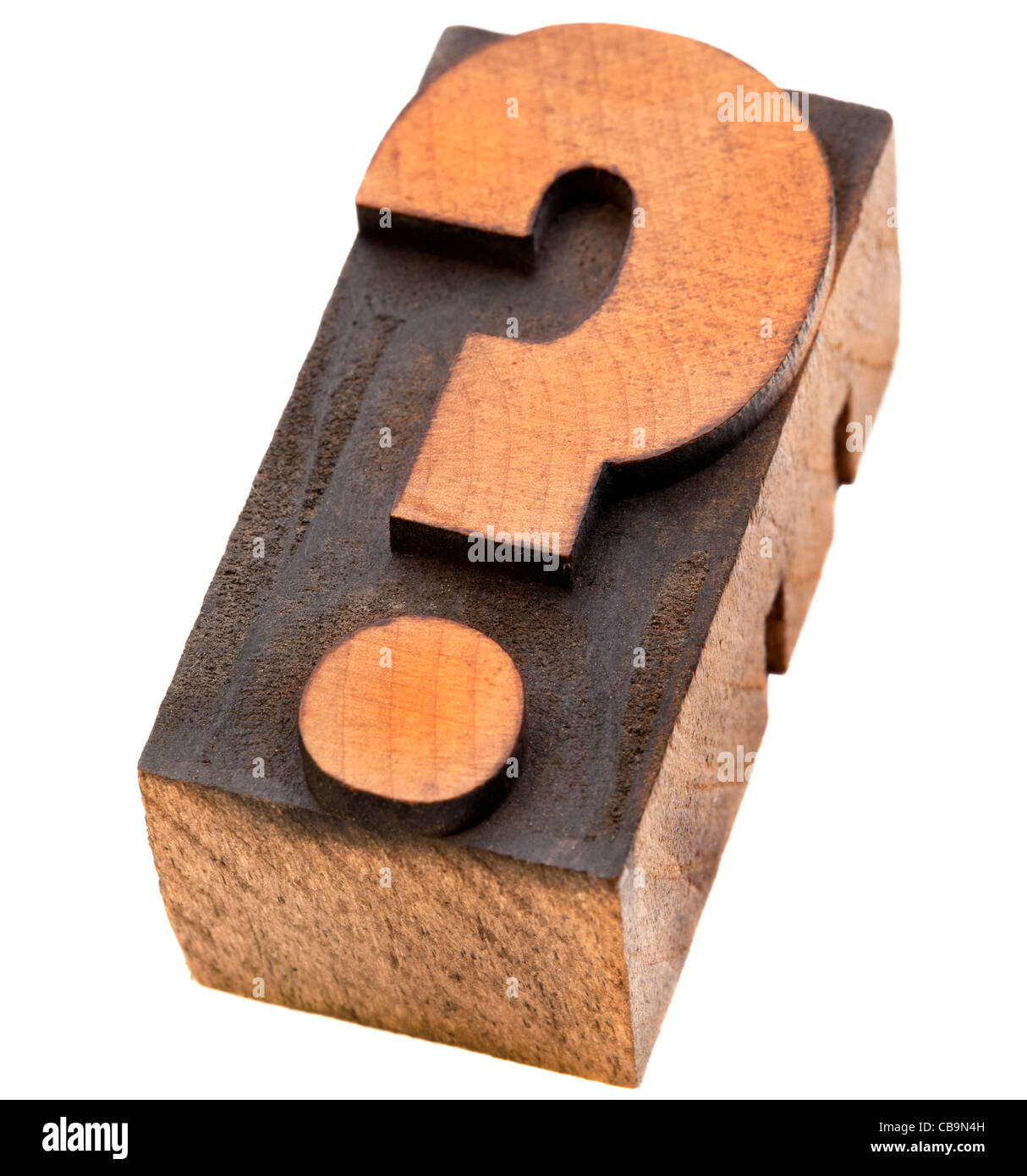 question mark - a vintage wood letterpress type block, stained by black ink, isolated on white Stock Photo