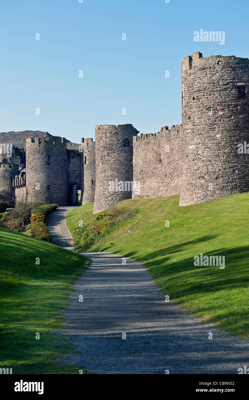 path to Conwy castle.upright format.copy space. Stock Photo