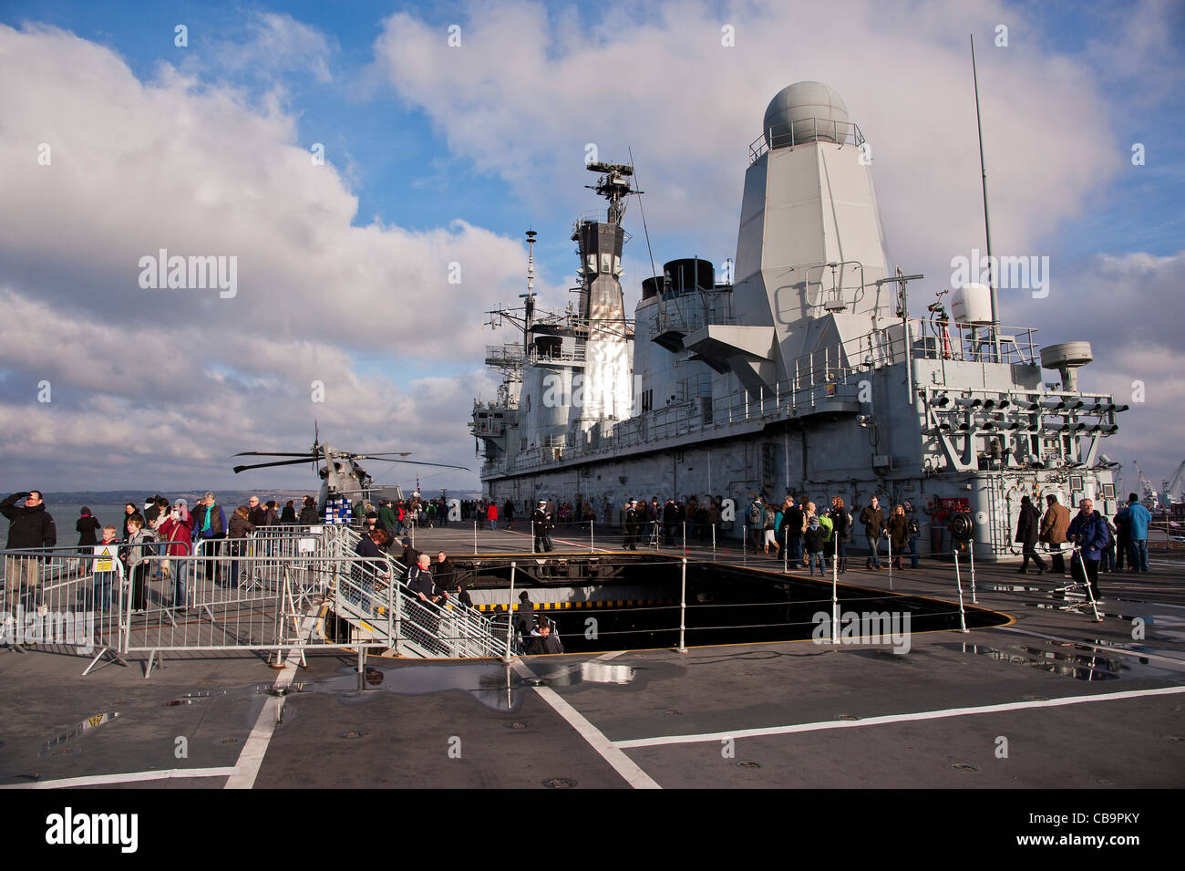 HMS Ark Royal during an Open Day in January 2011. The stairs lead to the aircraft hangers below deck. Stock Photo