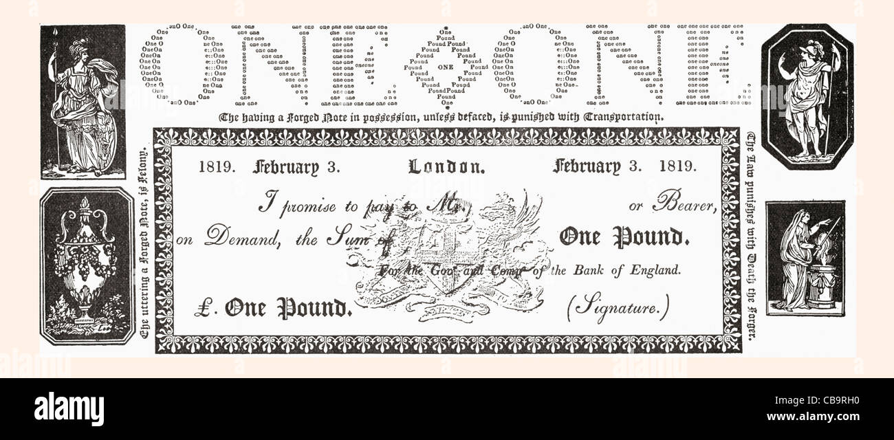An 1819 English One Pound Note. Stock Photo