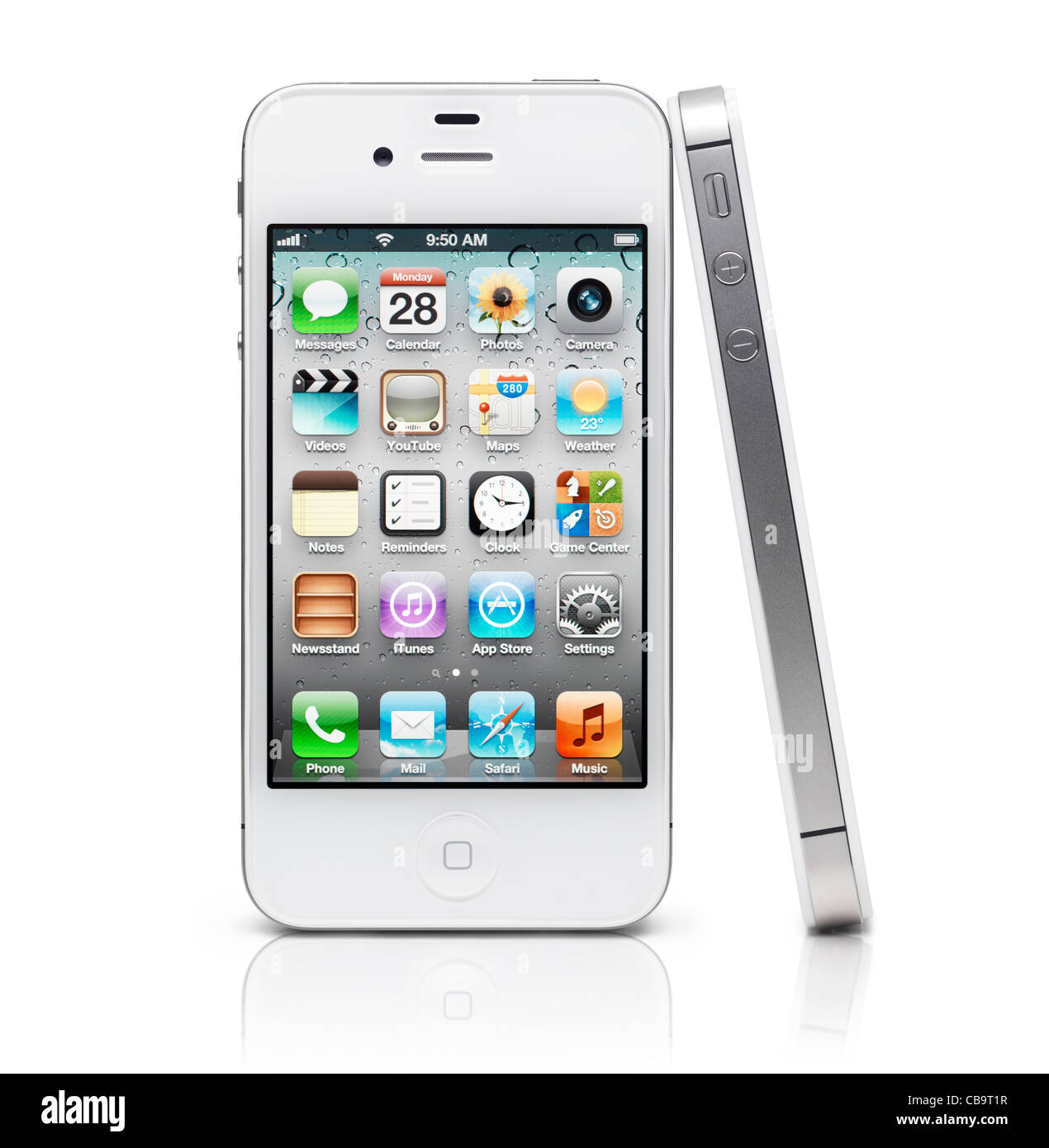 One Apple iPhone 4s smartphone leaning against another. Isolated on white background with clipping path. Stock Photo