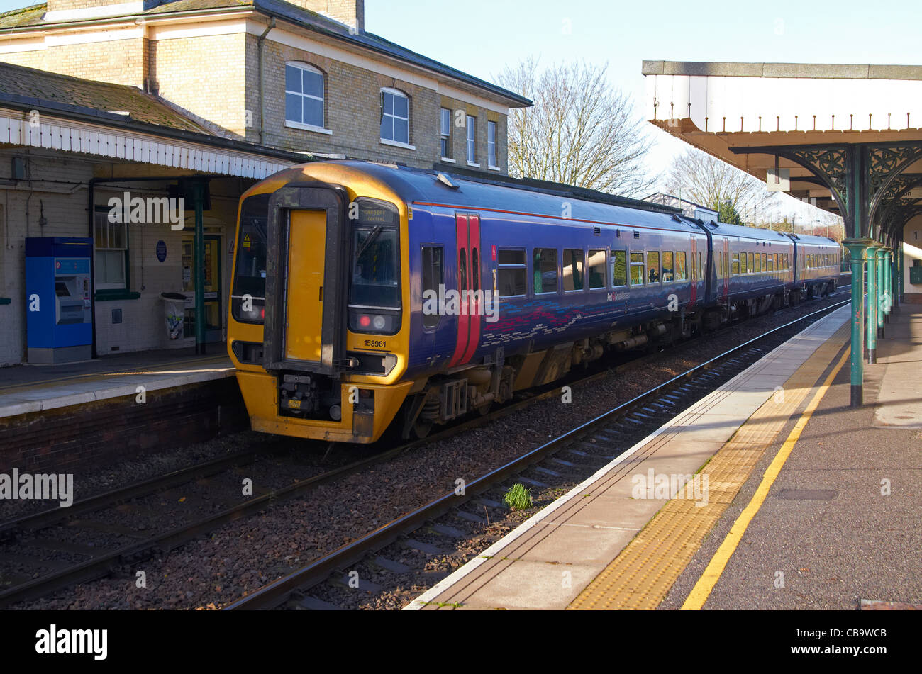 First Great Western Class 158 Express Sprinter diesel multiple unit (DMU) at Romsey station on a Portsmouth - Cardiff service. Stock Photo