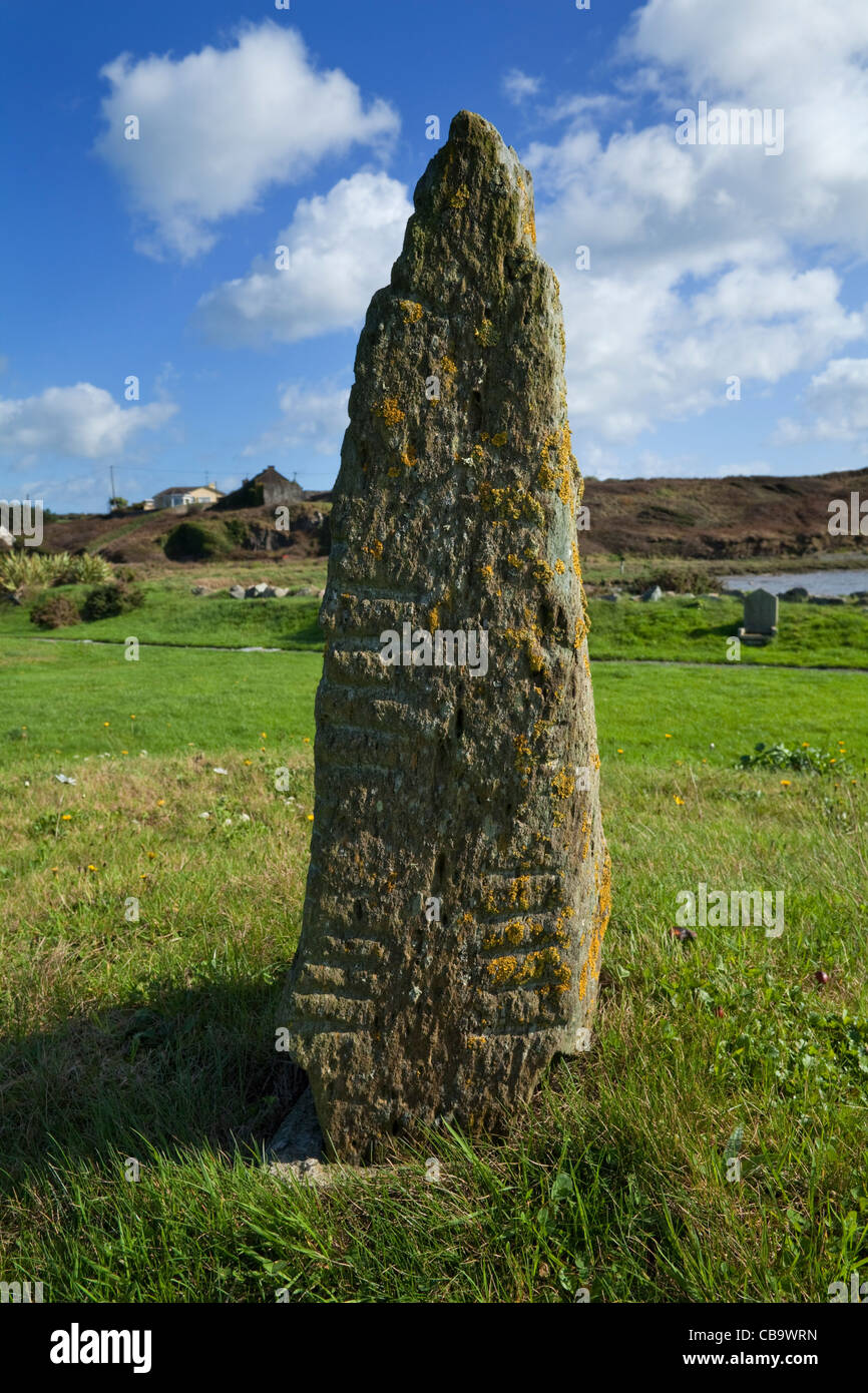 Ogham Standing Stone, Displaying Early Irish Writing, at Bunmahon The Copper Coast Geopark, County Waterford, Ireland Stock Photo