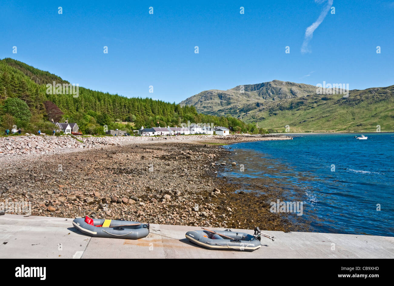 View from pier of the village of Inverie in Inverie Bay Loch Nevis on Knoydart the West Highlands of Scotland Stock Photo