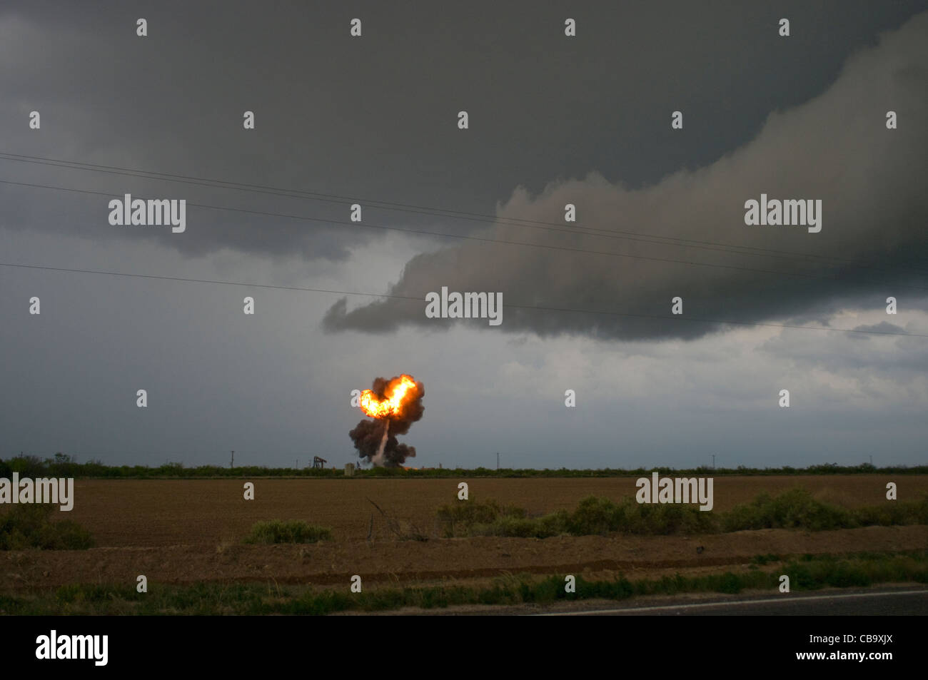 Lightning from a severe thunderstorm triggers gas tank explosion in