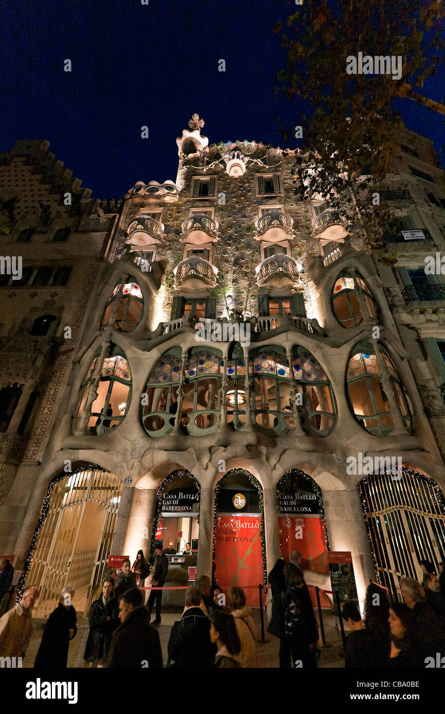 Casa Batlò,1904 by the Architect Anton Gaudì, Night facade street view, Eixample, Barcelona, Spain Stock Photo